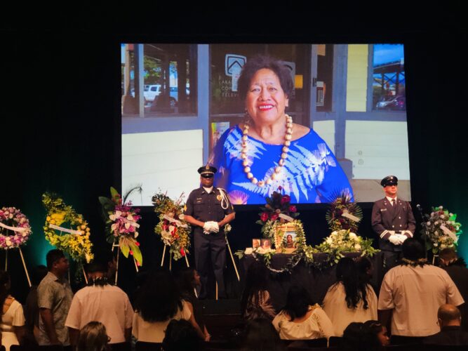 With the blowing of a conch shell and a Hawaiian invocation, family, friends and dignitaries said goodbye to Maui Councilmember Natalie “Tasha” Apollo’kal